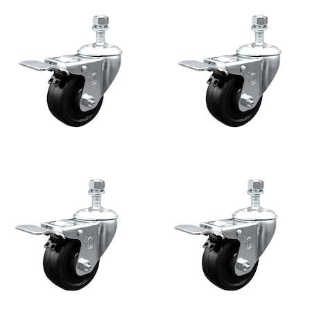 Service Caster 3 Inch SS Soft Rubber Swivel 1/2 Inch Threaded Stem Caster Set Total Lock Brake SCC-SSTSTTL20S314-SRS-121315-4